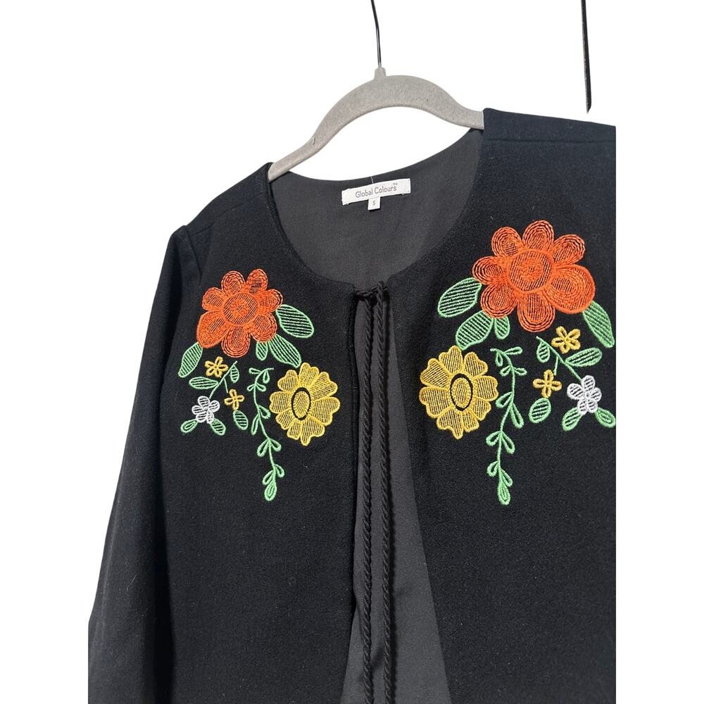 Global Colours Women's Black Embroidered Wool Blend Tie Front Jacket S - Picture 4 of 9